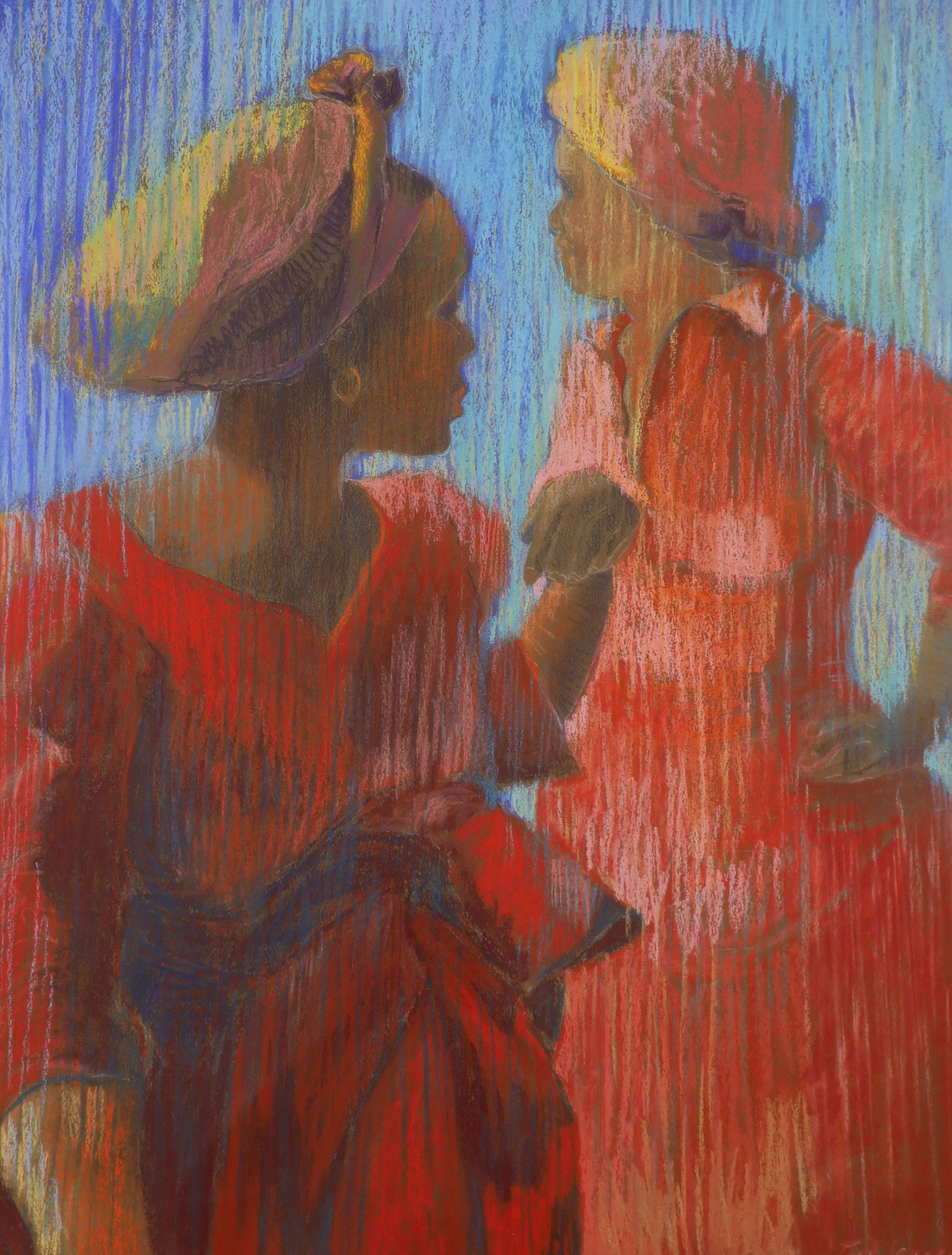 Em Isaacson, pastel on paper, 'Leaving the Market', signed, 2005 Boundary Gallery label verso, 64 x 49cm